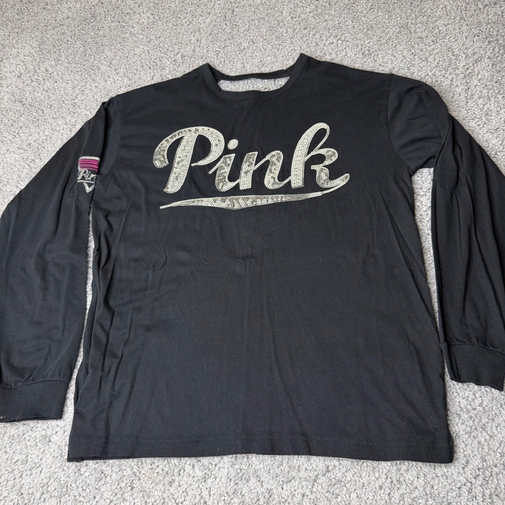 Victoria's Secret PINK Black Long Sleeve Sequin Logo Open Back T-Shirt Large